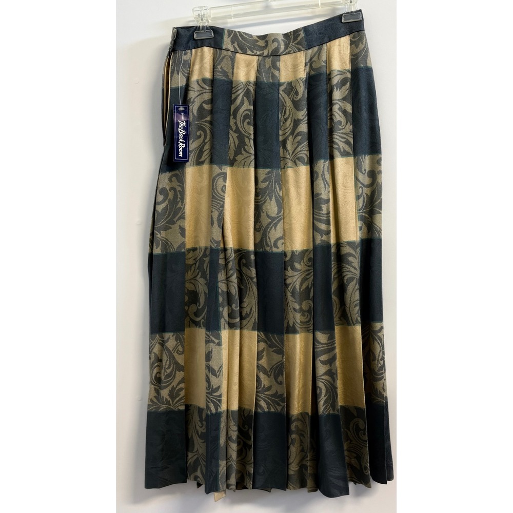Arthur Chapnik Vintage Pleated Maxi Skirt Cream Blue Damask Plaid Wool Blend 10